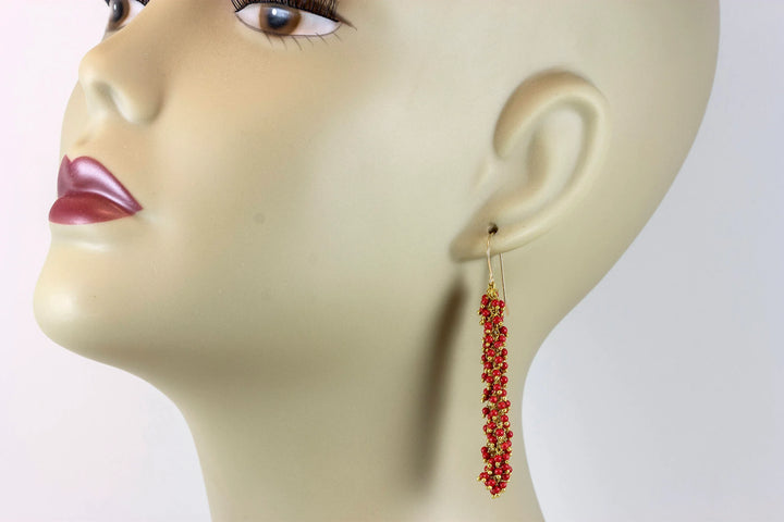 Red Coral Earrings Round Smooth Simulated Drops 14k Gold Filled Cluster Style Long round drop beaded accents simple 2.4 Inches - Spyglass Designs