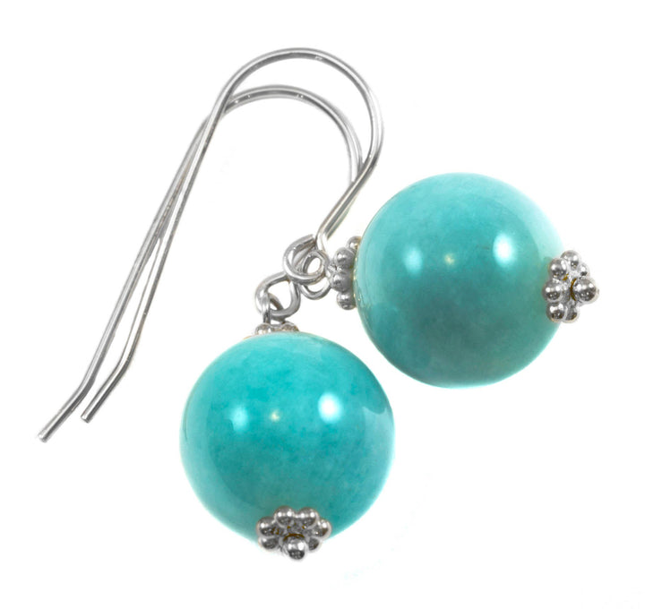 Amazonite Earrings Blue Green Smooth Round Sterling Silver or 14k Solid Gold or Filled Natural Accents Simple Casual Wear Spyglass Designs