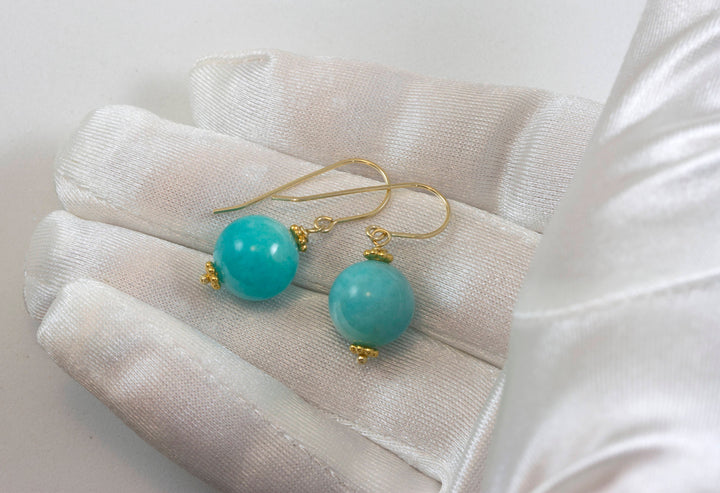 Amazonite Earrings Blue Green Smooth Round Sterling Silver or 14k Solid Gold or Filled Natural Accents Simple Casual Wear Spyglass Designs