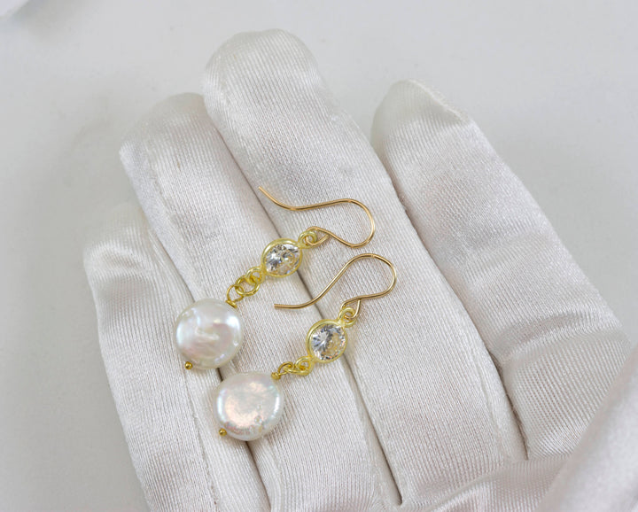 Pearl Earrings 14k solid gold or filled Bezel Set Cubic Zirconia CZ Double Hung Freshwater White Pearls  Drop Everyday Spyglass Designs