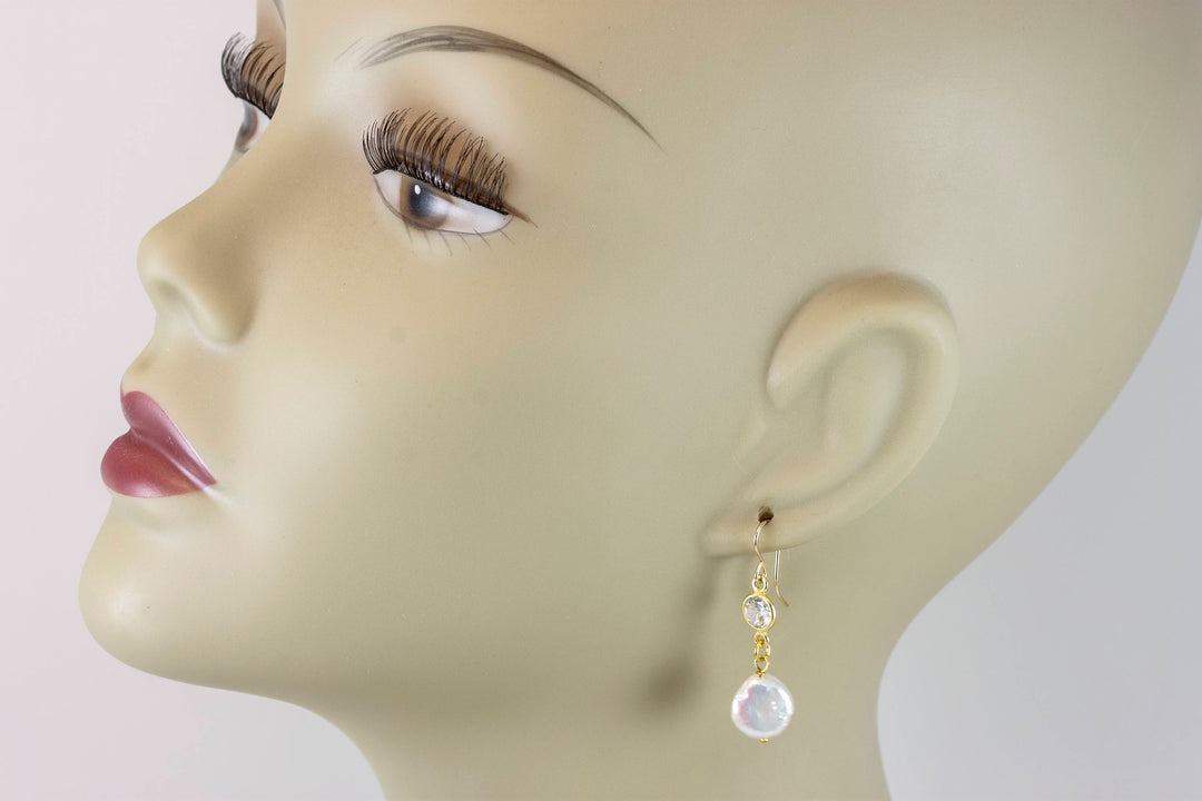 Pearl Earrings 14k solid gold or filled Bezel Set Cubic Zirconia CZ Double Hung Freshwater White Pearls  Drop Everyday Spyglass Designs