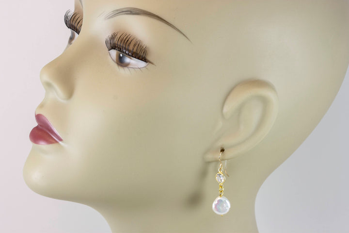 Pearl Earrings 14k solid gold or filled Bezel Set Cubic Zirconia CZ Double Hung Freshwater White Pearls  Drop Everyday Spyglass Designs