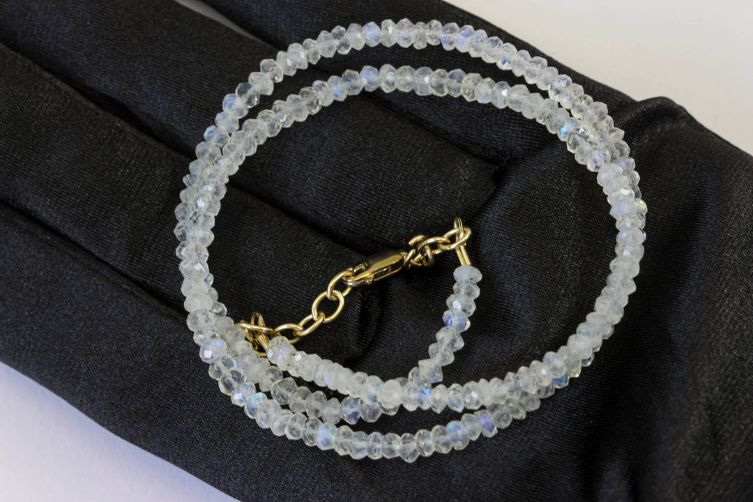 Blue Moonstone Necklace Natural Rainbow Flash Sterling Silver or 14k gold filled Faceted 18 Inch AAA Solid Strand Rondelles Classic Simple