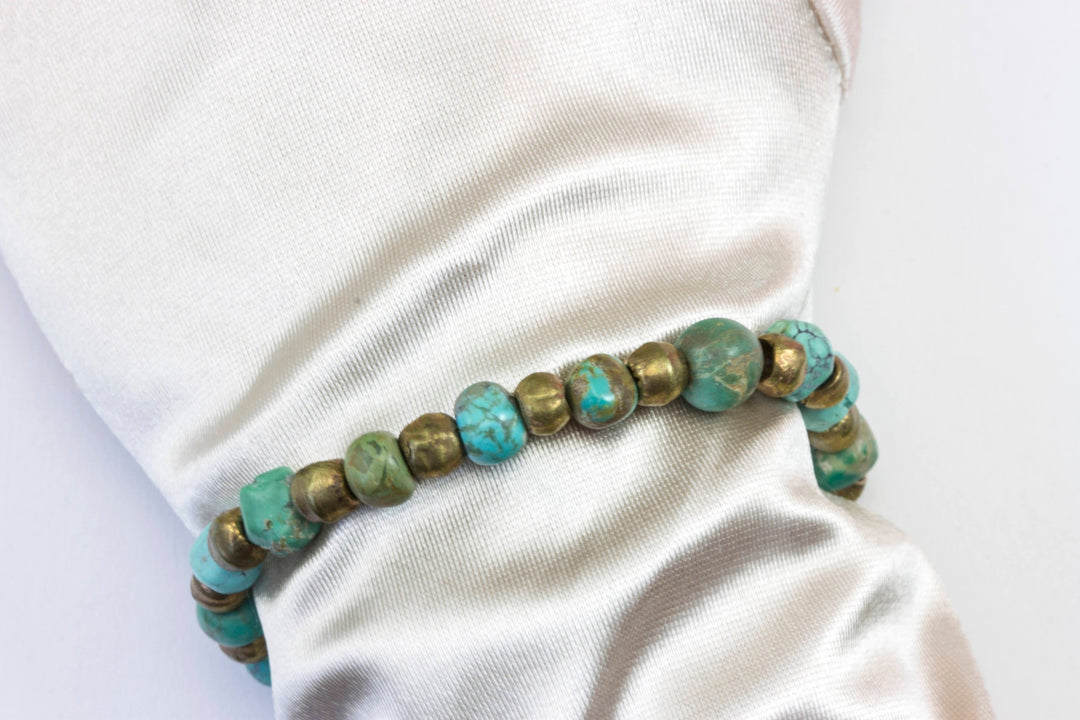 Turquoise Bracelet Natural 7 8 9 Inch Women Man Men's Bracelet Stretchy African Beads Rustic Off Round Hand Smoothed Earthy Blue or Green