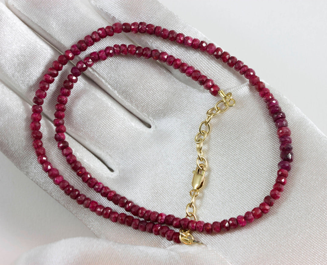 Red Ruby Necklace Faceted Solid Strand  Beaded 14k Gold Filled or Sterling Silver 18 19 Inches 4mm corundum deep red stones Simple Dainty