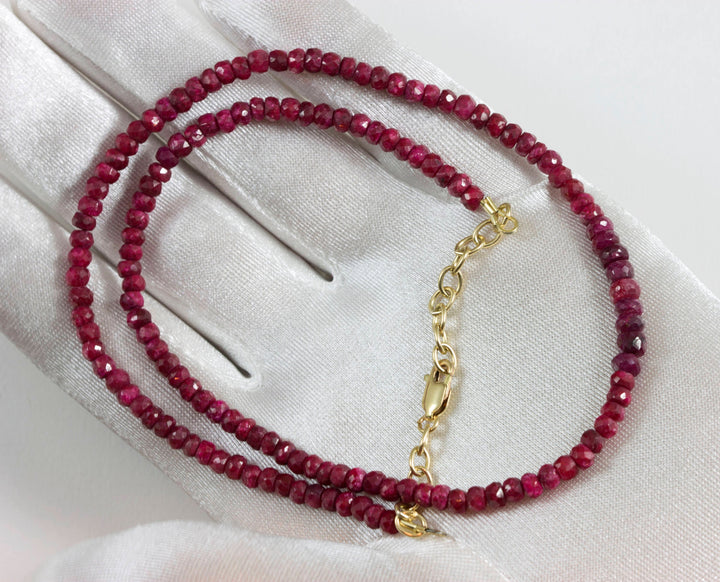 Red Ruby Necklace Faceted Solid Strand  Beaded 14k Gold Filled or Sterling Silver 18 19 Inches 4mm corundum deep red stones Simple Dainty