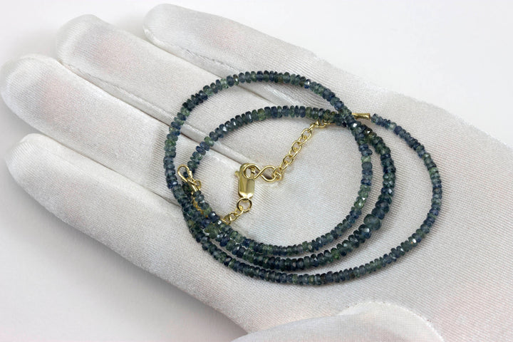 Blue Sapphire Necklace Madagascar Solid Strand  18 19 Inch Length Dainty faceted Earthy Aqua Blue Gray Color Natural Stones AAA Rare