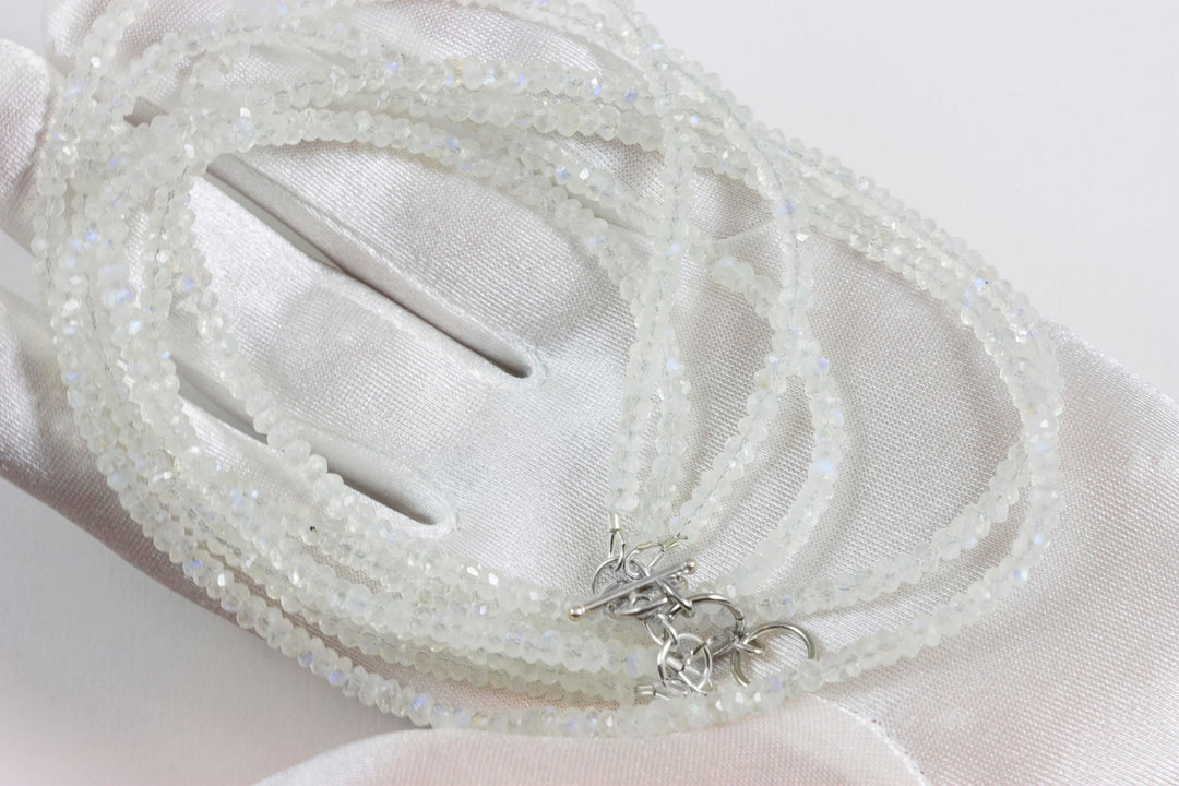 Moonstone Necklace or Wrap Bracelet Faceted 14k Gold Plate or Sterling Silver 22 6 7  Inches Natural Rainbow Blue Two Strands Versatile
