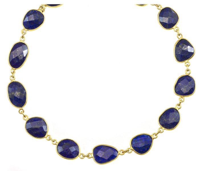 Lapis Lazuli Blue Necklace Natural Faceted Bezel Set 14k Gold Fill 24 Inches Large Off Round Stones Classic Shape and Design