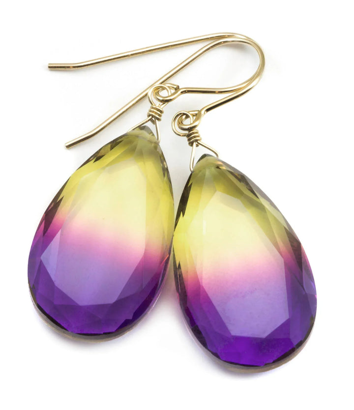 Bicolor Simulated Tourmaline Earrings Faceted Large Fat Bi Color Teardrop Yellow Pink Purple Sterling Silver or 14k Gold or Filled Drops - Spyglass Designs