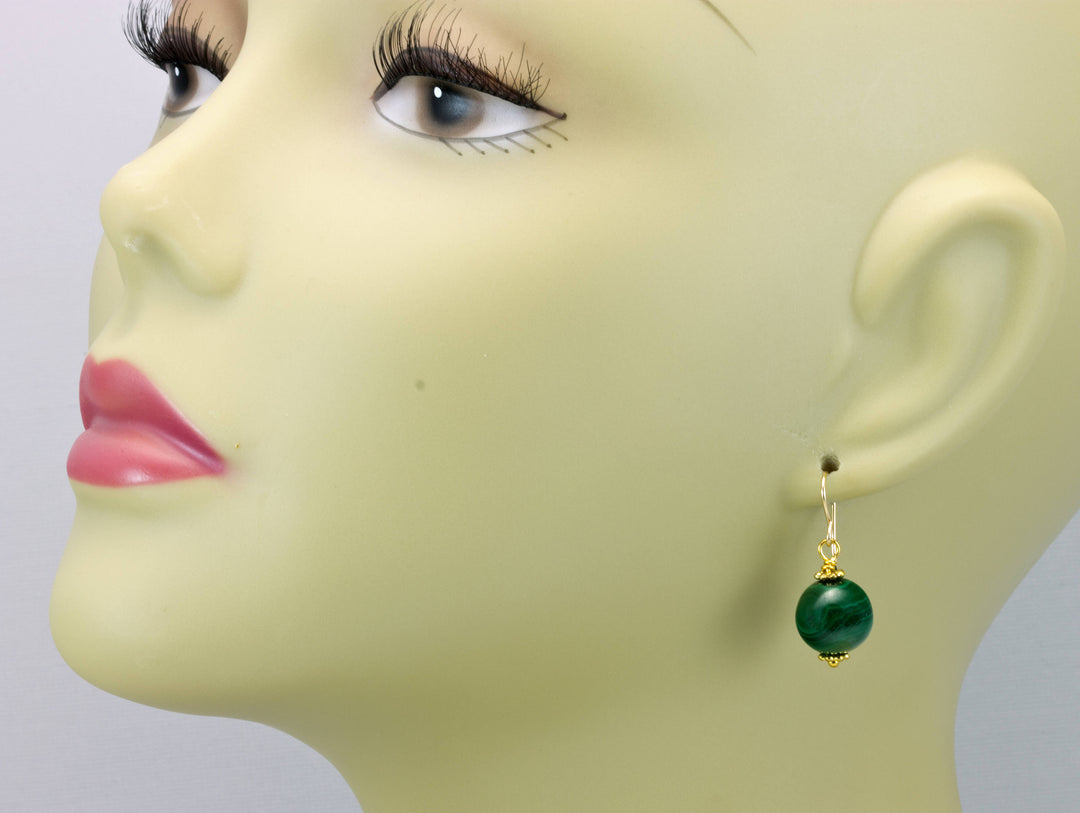 Malachite Earrings Green Round 12mm Dangle Drops Sterling Silver or 14k Solid Gold or Filled Natural Striped Classic Simple Spyglass Designs