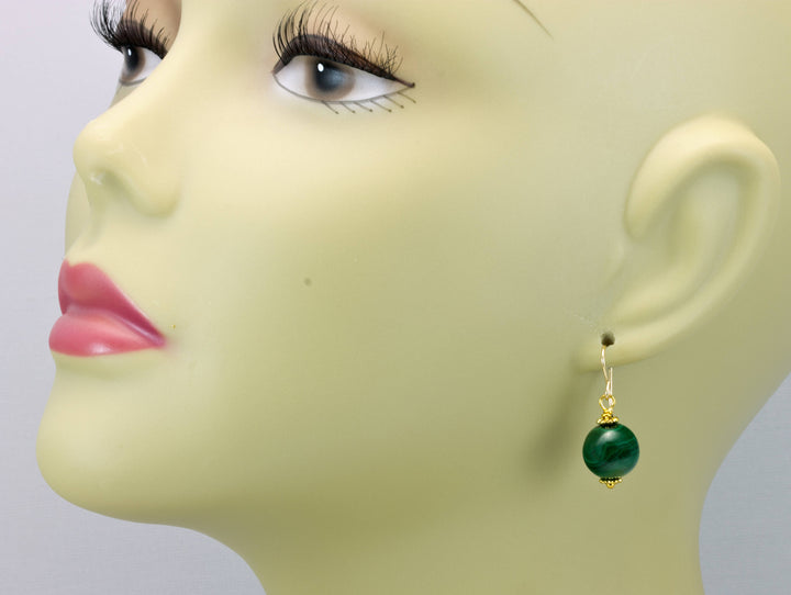 Malachite Earrings Green Round 12mm Dangle Drops Sterling Silver or 14k Solid Gold or Filled Natural Striped Classic Simple Spyglass Designs