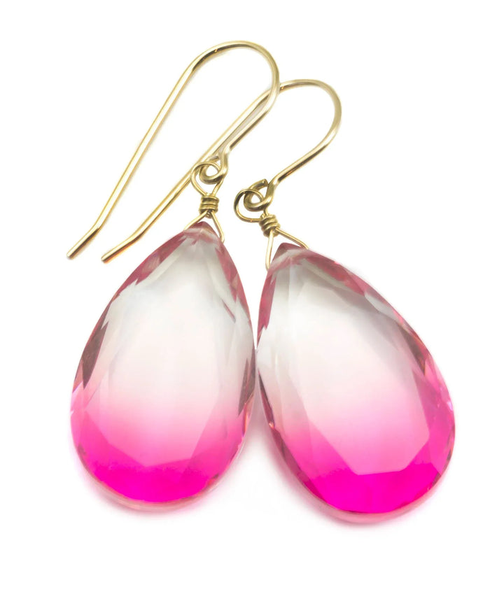 Watermelon Bicolor Simulated Tourmaline Earrings Faceted Large Fat Bi Color Teardrop Pink Sterling Silver or 14k Gold or Filled Drops - Spyglass Designs