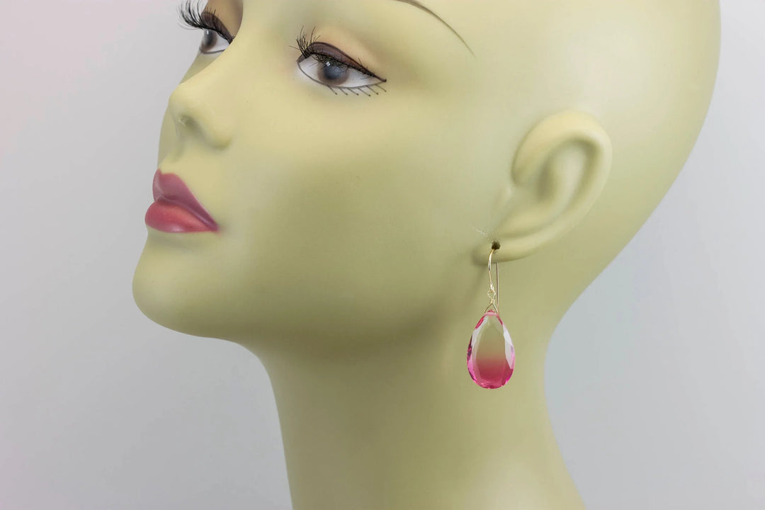 Watermelon Bicolor Simulated Tourmaline Earrings Faceted Large Fat Bi Color Teardrop Pink Sterling Silver or 14k Gold or Filled Drops - Spyglass Designs