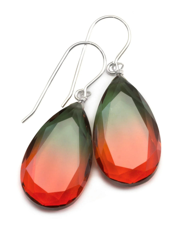 Watermelon Bicolor Simulated Tourmaline Earrings Faceted Large Bi Color Teardrop Dark Green Pink Sterling Silver 14k Gold or Filled Drops - Spyglass Designs