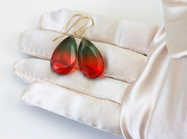 Watermelon Bicolor Simulated Tourmaline Earrings Faceted Large Bi Color Teardrop Dark Green Pink Sterling Silver 14k Gold or Filled Drops - Spyglass Designs