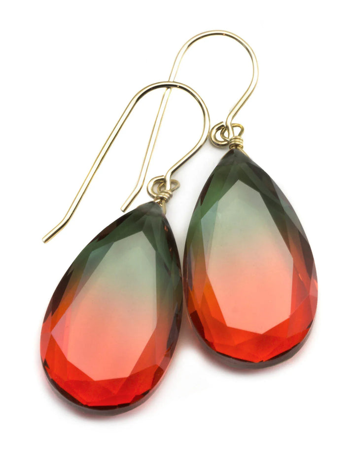 Watermelon Bicolor Simulated Tourmaline Earrings Faceted Large Bi Color Teardrop Dark Green Pink Sterling Silver 14k Gold or Filled Drops - Spyglass Designs