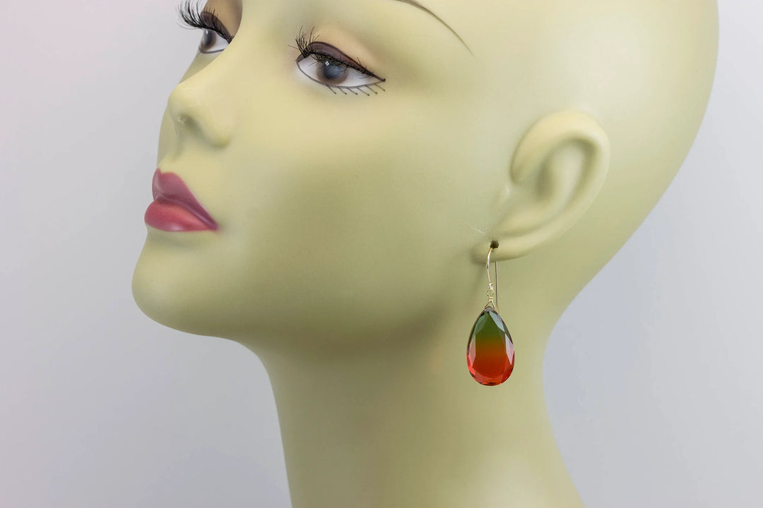 Watermelon Bicolor Simulated Tourmaline Earrings Faceted Large Bi Color Teardrop Dark Green Pink Sterling Silver 14k Gold or Filled Drops - Spyglass Designs