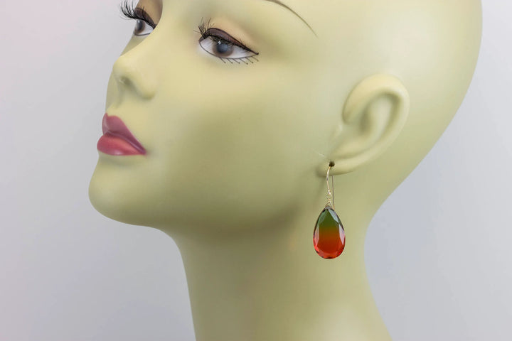 Watermelon Bicolor Simulated Tourmaline Earrings Faceted Large Bi Color Teardrop Dark Green Pink Sterling Silver 14k Gold or Filled Drops - Spyglass Designs