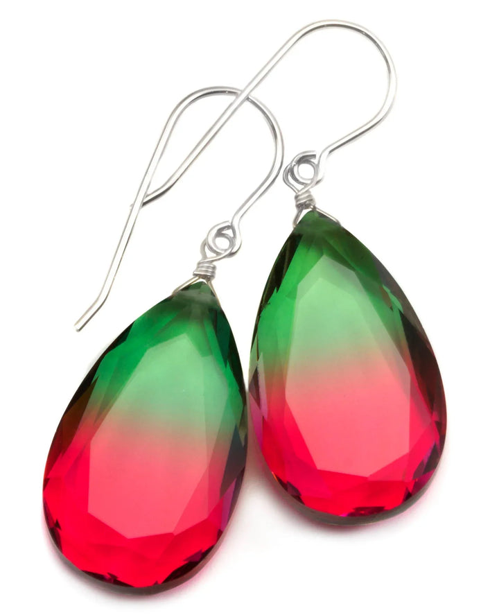 Watermelon Bicolor Simulated Tourmaline Earrings Faceted Large Bi Color Teardrop Dark Green Hot Pink Sterling Silver 14k Gold or Filled - Spyglass Designs
