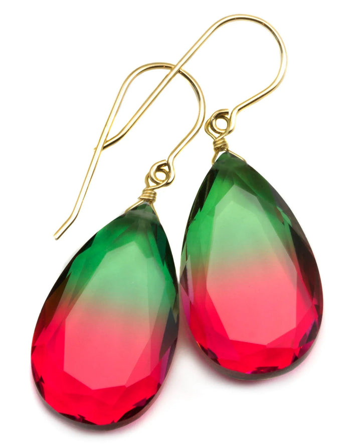 Watermelon Bicolor Simulated Tourmaline Earrings Faceted Large Bi Color Teardrop Dark Green Hot Pink Sterling Silver 14k Gold or Filled - Spyglass Designs