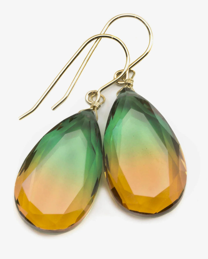 Watermelon Bicolor Simulated Tourmaline Earrings Facet Large Bi Color Teardrop Green Honey Yellow Amber Sterling Silver 14k Gold or Filled - Spyglass Designs