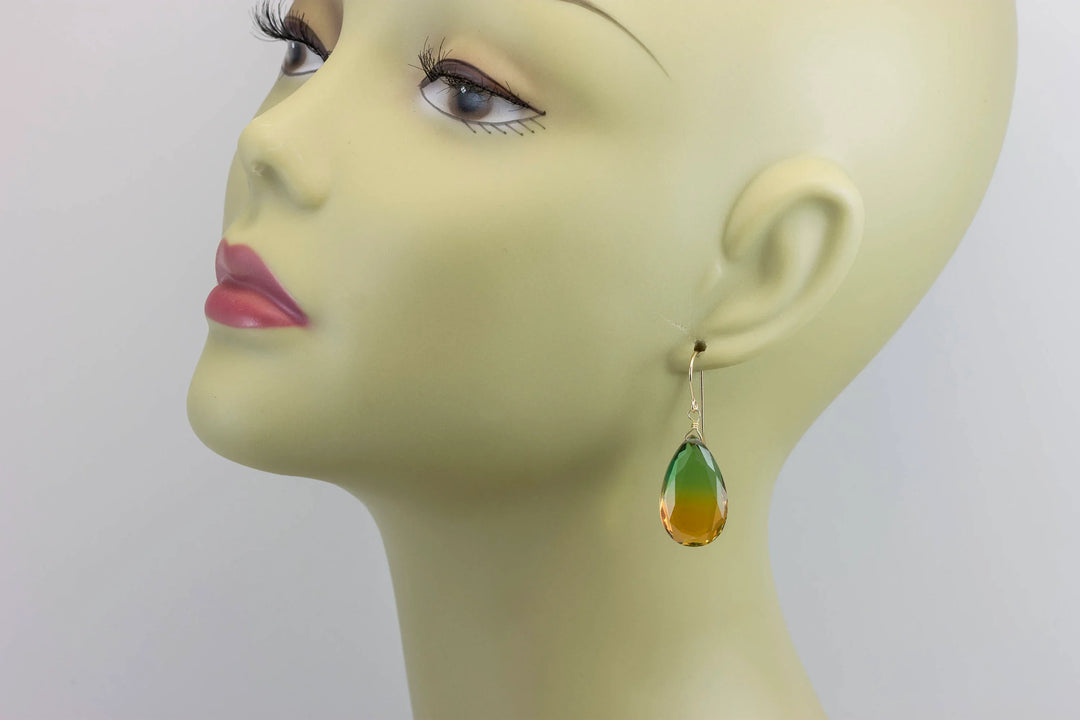 Watermelon Bicolor Simulated Tourmaline Earrings Facet Large Bi Color Teardrop Green Honey Yellow Amber Sterling Silver 14k Gold or Filled - Spyglass Designs