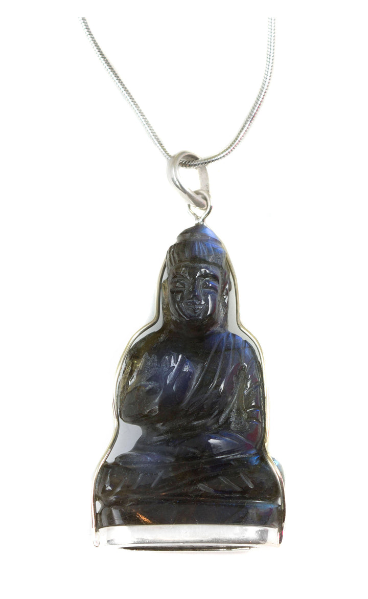 Buddha Pendant Chain Necklace Sterling Silver Simple Sitting Buddha Labradorite or Clear Quartz Carved Stone Bezel Set Simple 20 Inches