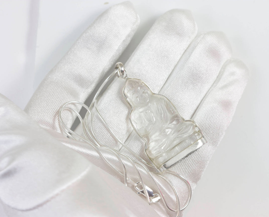 Buddha Pendant Chain Necklace Sterling Silver Simple Sitting Buddha Labradorite or Clear Quartz Carved Stone Bezel Set Simple 20 Inches