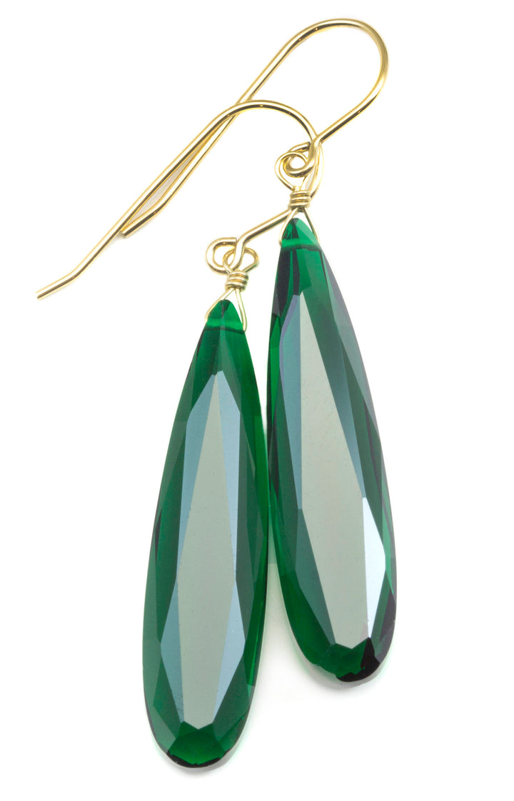 Green simulated Emerald Earrings Faceted Large Long Dangle 14k Gold or Filled or Sterling Silver Classic Simple Clean 2 Inch Drops