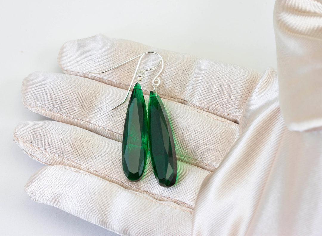 Green simulated Emerald Earrings Faceted Large Long Dangle 14k Gold or Filled or Sterling Silver Classic Simple Clean 2 Inch Drops