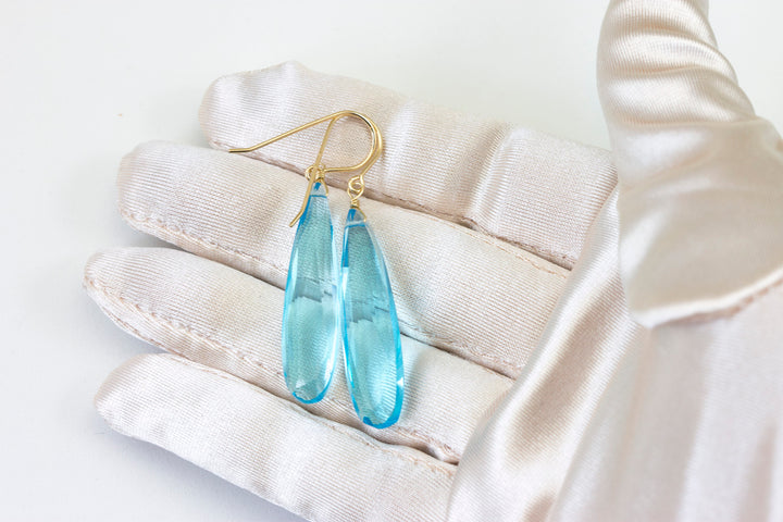 Aqua blue simulated Aquamarine Earrings Faceted Large Long Dangle 14k Gold or Filled or Sterling Silver Classic Simple Clean 2 Inch Drops