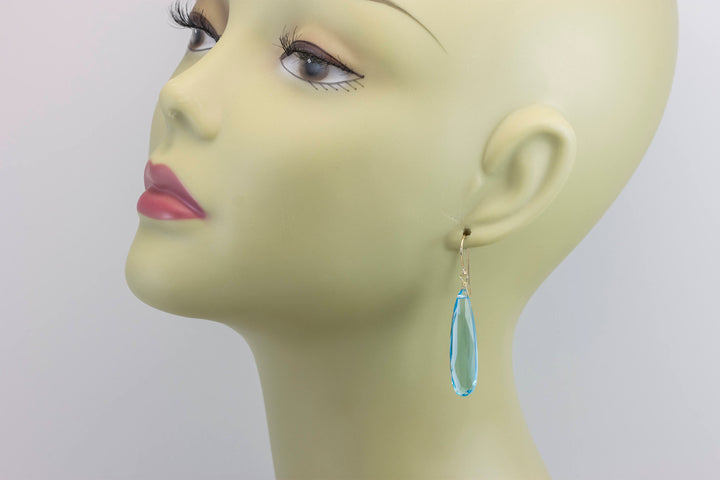 Aqua blue simulated Aquamarine Earrings Faceted Large Long Dangle 14k Gold or Filled or Sterling Silver Classic Simple Clean 2 Inch Drops