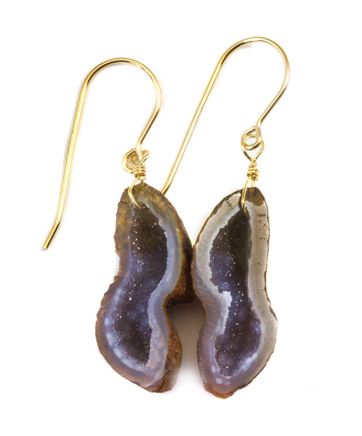 Baby Geode Earrings Tabasco White Gray Long Small Druzy 14k Gold Filled Polished Drusy Paired AAA Natural Fine Drusy Geodes Earthy Drops