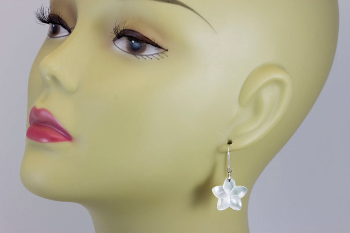 Mother of Pearl Earrings White MOP Carved Flower Dangles Natural 14k Solid Gold or Filled or Sterling Silver Lightweight Simple Drops