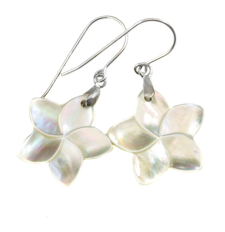 Mother of Pearl Earrings White MOP Carved Flower Dangles Natural 14k Solid Gold or Filled or Sterling Silver Lightweight Simple Drops