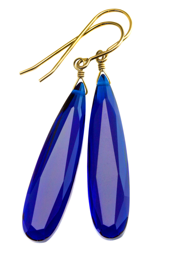 Kashmir blue simulated Sapphire Earrings Faceted Large Long Dangle 14k Gold or Filled or Sterling Silver Classic Simple Clean 2 Inch Drops