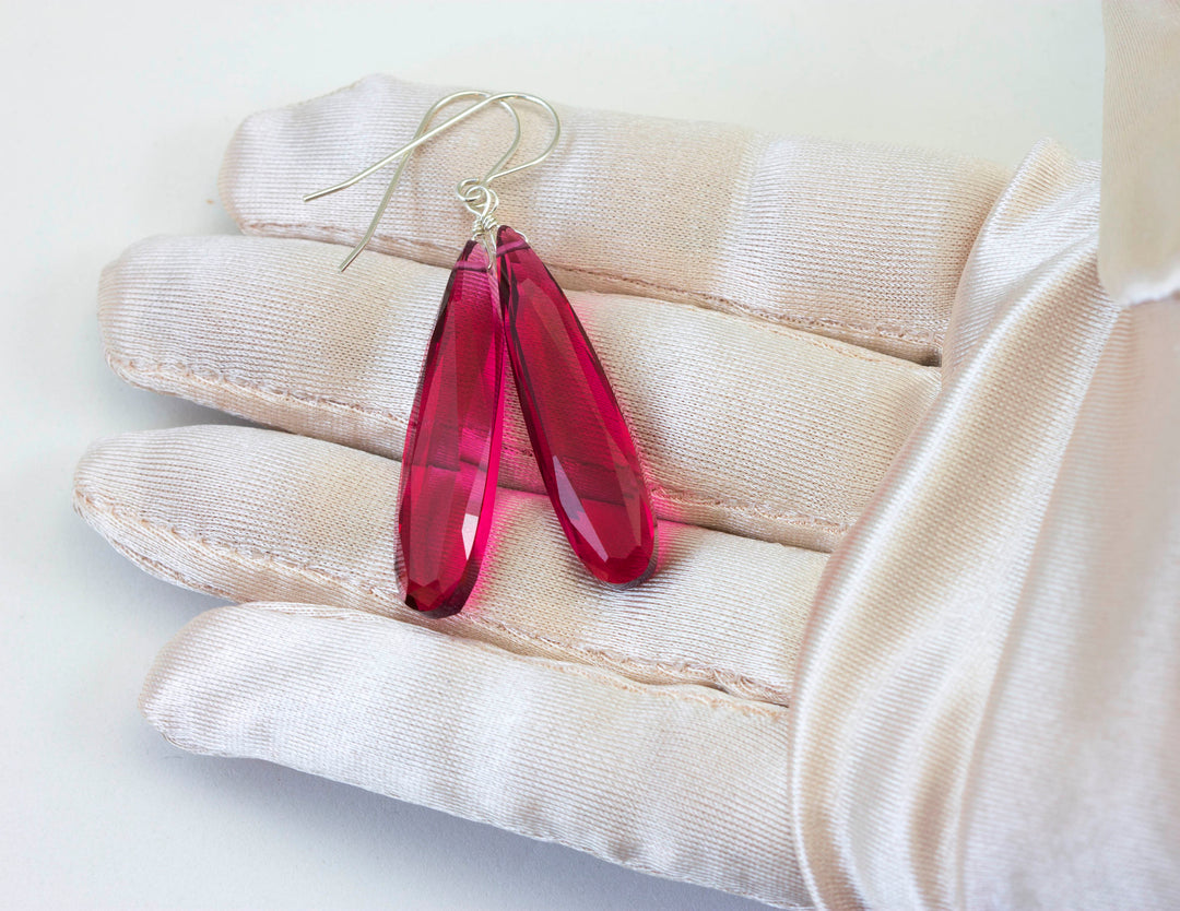 Hot pink fuchsia simulated Sapphire Earrings Facet Large Long Dangle 14k Gold or Filled or Sterling Silver Classic Simple Clean 2 Inch Drops