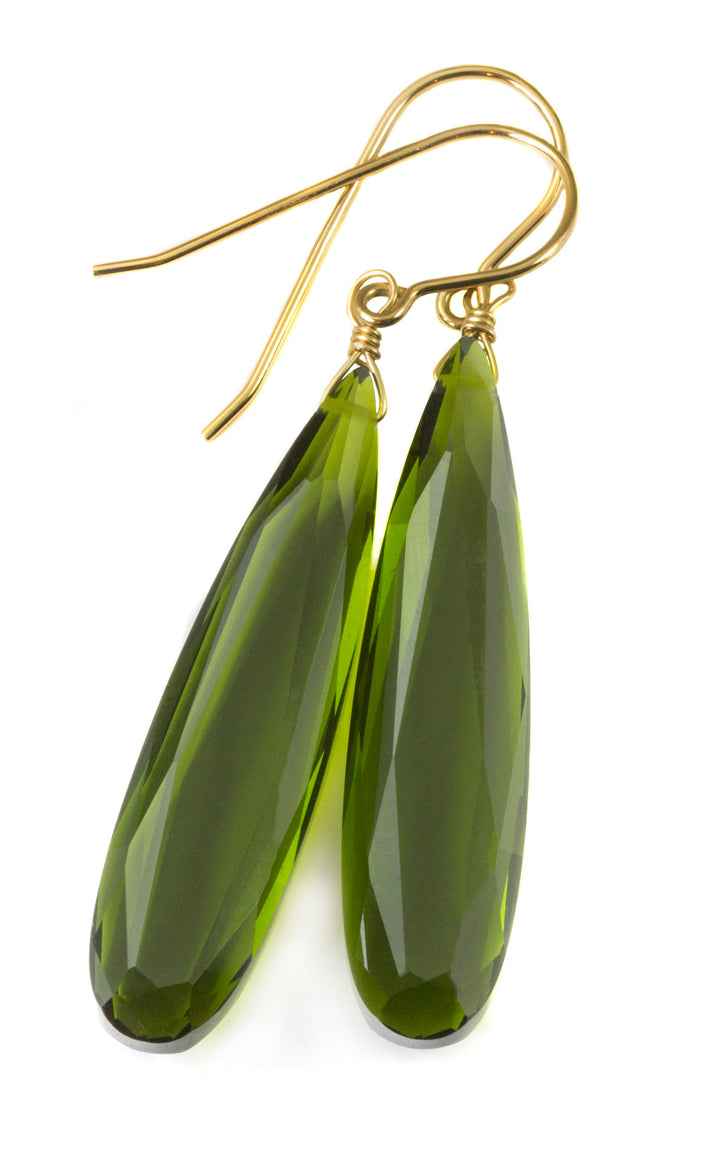 Dark Green simulated Peridot Earrings Facet Large Long Dangle 14k Gold or Filled or Sterling Silver Classic Simple Clean 2 Inch Drops