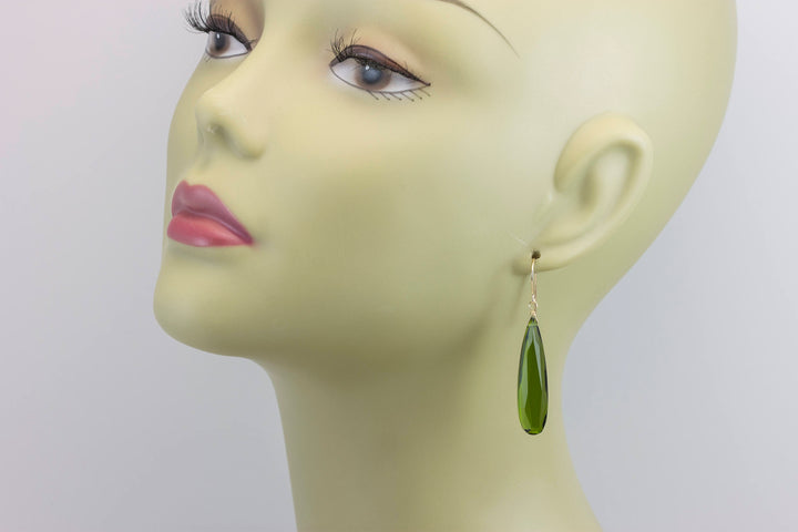 Dark Green simulated Peridot Earrings Facet Large Long Dangle 14k Gold or Filled or Sterling Silver Classic Simple Clean 2 Inch Drops