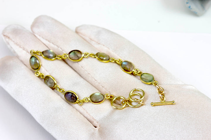 Labradorite Bracelet Blue Flash Labradorite 6.5 to 7.5 Inch Adjustable Bezel Set Faceted Oval Shape Cabochons Toggle Clasp Dainty Simple