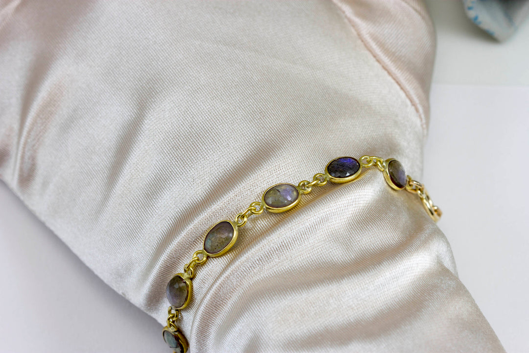 Labradorite Bracelet Blue Flash Labradorite 6.5 to 7.5 Inch Adjustable Bezel Set Faceted Oval Shape Cabochons Toggle Clasp Dainty Simple