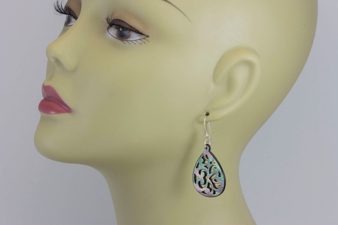 Mother of Pearl Earrings Peacock Black Shell Carved Relief Wide Teardrop Natural 14k Gold Filled or Sterling Silver Large Luster MOP  2 Inch