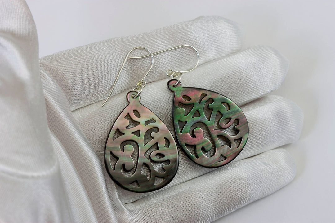 Mother of Pearl Earrings Peacock Black Shell Carved Relief Wide Teardrop Natural 14k Gold Filled or Sterling Silver Large Luster MOP  2 Inch