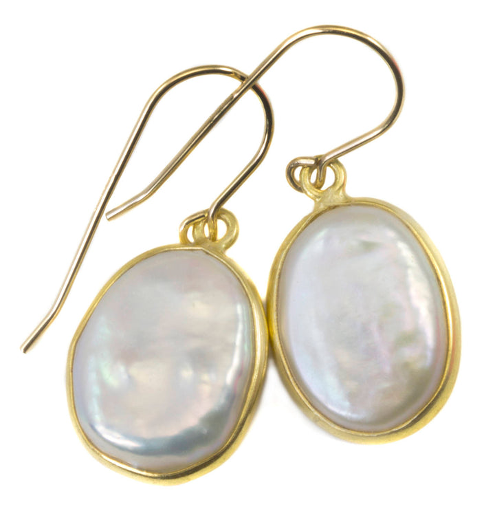 Pearl Earrings 14k solid Gold or Filled or Sterling Silver Bezel Set Oval off round Baroque High Luster Simple Drops Everyday Wear
