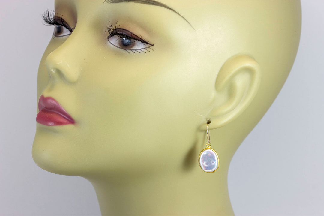 Pearl Earrings 14k solid Gold or Filled or Sterling Silver Bezel Set Oval off round Baroque High Luster Simple Drops Everyday Wear