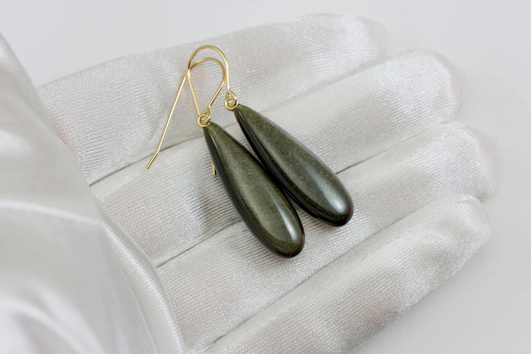 Black Obsidian Earrings Long Smooth Drop Sterling Silver or 14k Gold Filled or Solid 14k Gold Real Natural Simple Puffed Teardrops Shimmery