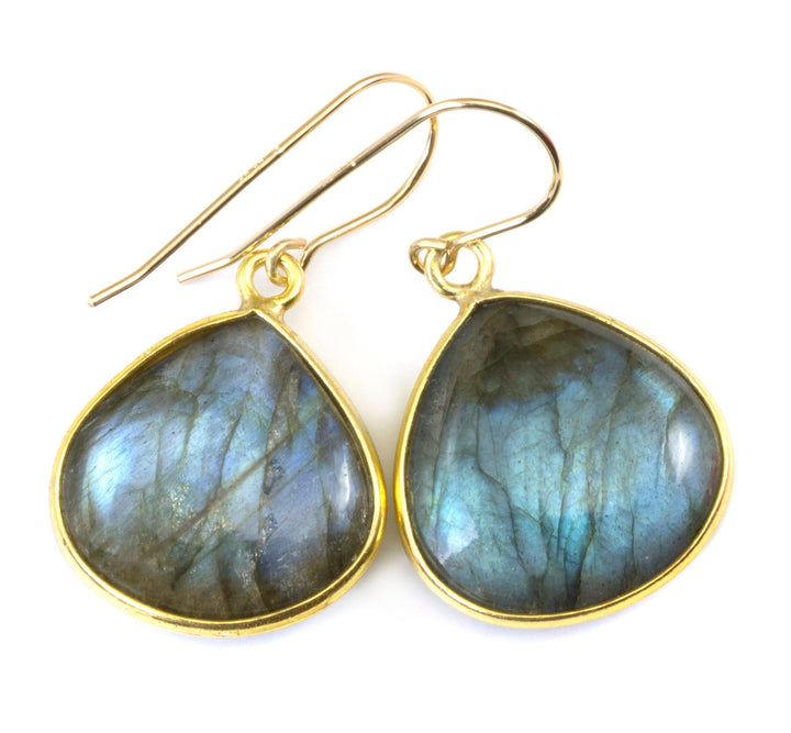 Blue Flash Labradorite Earrings large Simple Drops Bezel Set Smooth Heart Dangle 14k Gold Filled or Sterling Silver Dainty Daily Wear simple