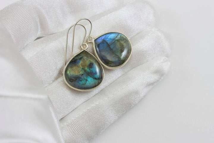 Blue Flash Labradorite Earrings large Simple Drops Bezel Set Smooth Heart Dangle 14k Gold Filled or Sterling Silver Dainty Daily Wear simple