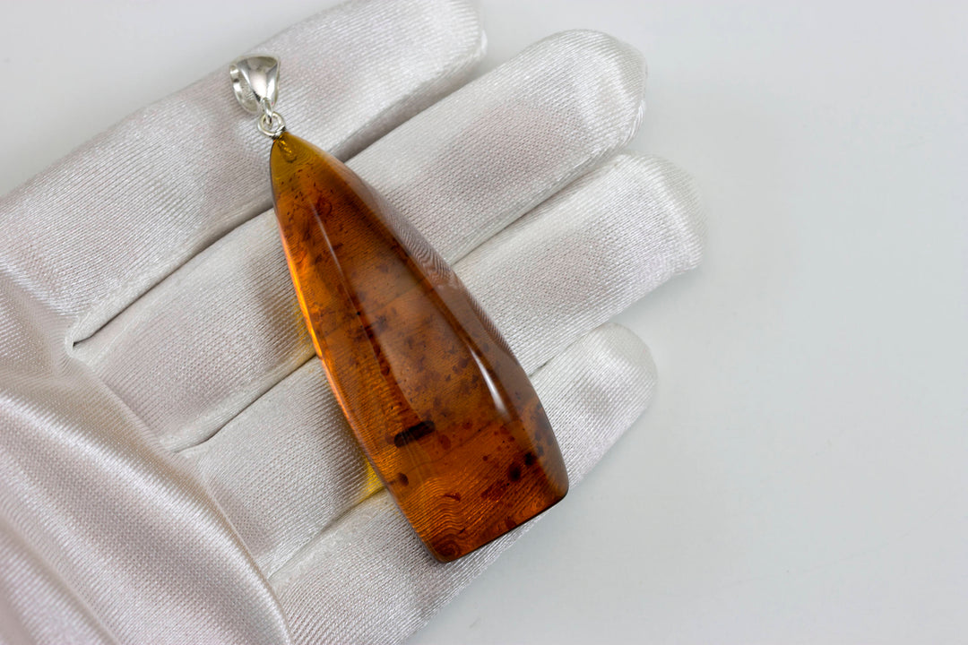 Honey Amber Pendant Baltic Natural Large  Angled Teardrop Shape Sterling Silver Bail Spyglass Designs Unique Cut Long  Classic Simple